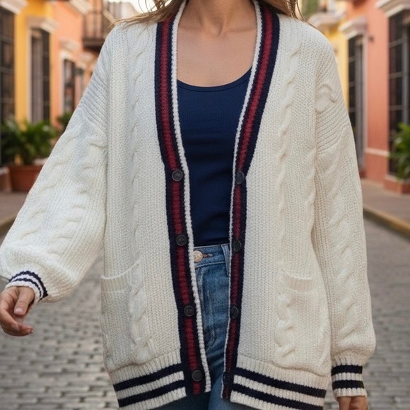 American Eagle Cable Knit Cardigan Sweater Varsity Oversized Cream Sz S - Picture 2 of 8
